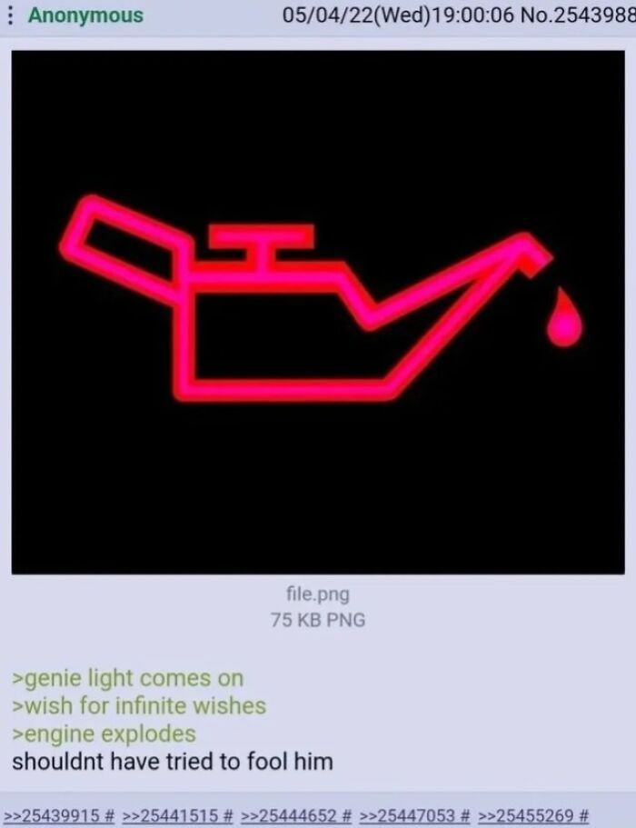 Neon red engine warning light with humorous text about wishing for infinite wishes causing engine explosion in funny screenshots.