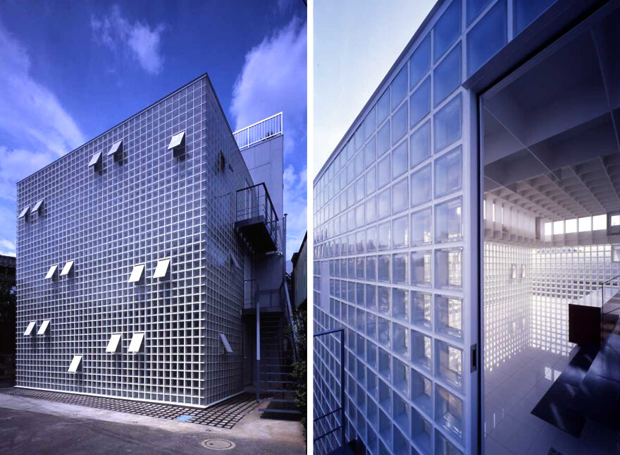 Modern Japanese architecture featuring a glass block facade with white accents and minimalist design elements.