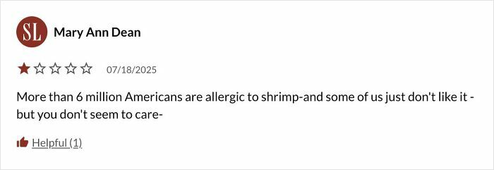 Customer review with one-star rating complaining about shrimp allergy and dislike, part of failed recipe tries and unhinged reviews.