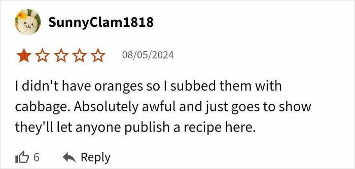 User review criticizing a failed try at following a recipe, highlighting unhinged reactions to cooking attempts.