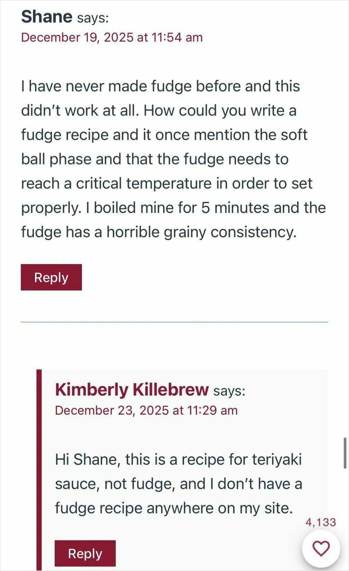 Comments showing failed tries at following a recipe leading to unhinged reviews with confusion over fudge and teriyaki sauce.