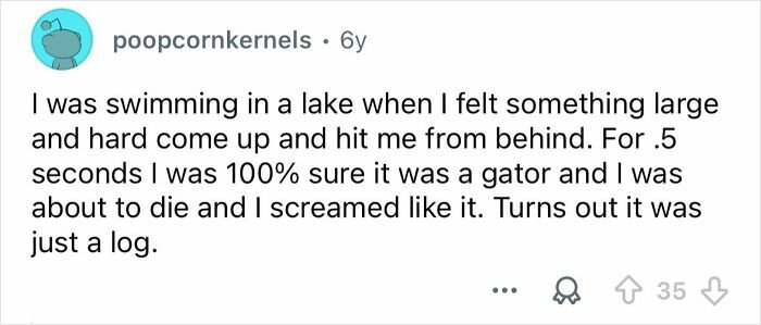 Text post on social media describing an embarrassing situation in a lake that later became funny.