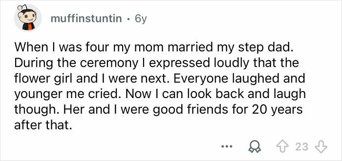 Reddit post sharing an embarrassing situation that only became funny later involving a wedding ceremony memory.