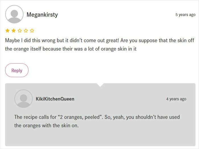User review complaining about following a recipe incorrectly, leading to unexpected results and unhinged cooking attempts.