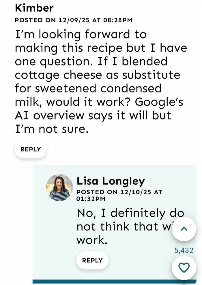 Comment thread discussing a recipe substitution question with unhinged reviews and failed tries at following a recipe.