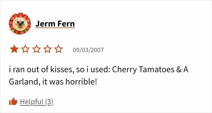 User review with one-star rating describing a failed recipe attempt using cherry tomatoes and garlic, leading to a bad outcome.