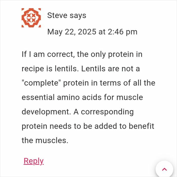 Comment discussing protein content in a recipe, highlighting lentils and muscle development in failed recipe tries reviews.