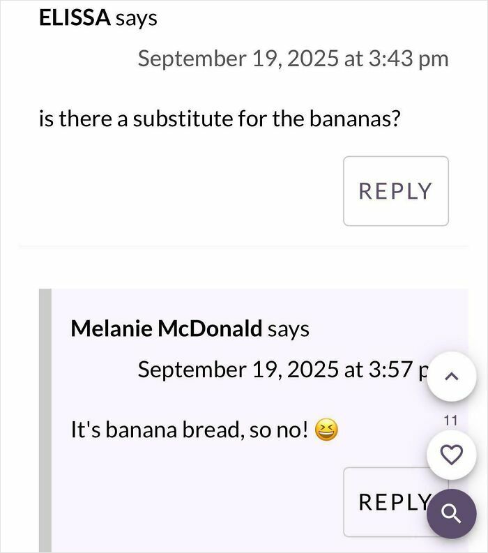 Screenshot of a recipe comment asking for banana substitute and a reply saying no substitute for banana bread.