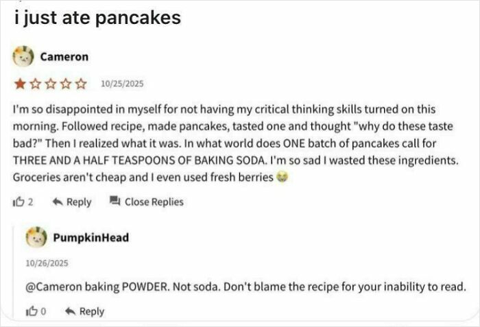 Screenshot of a humorous failed recipe review about pancakes with baking soda confusion and unhinged comments.
