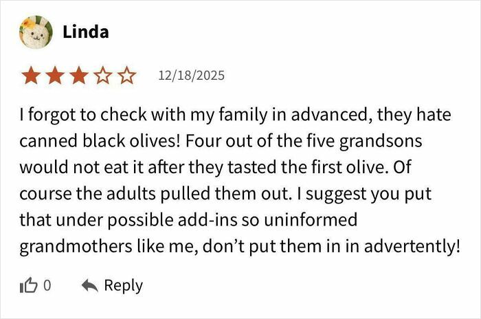 User review complaining about canned black olives ruining the recipe in failed tries at following a recipe with unhinged reviews.