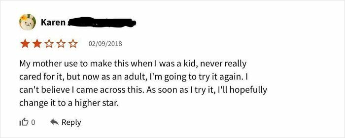 Screenshot of a recipe review with three-star rating expressing hope to retry and improve after failed tries.