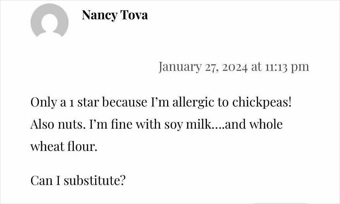 Review showing a failed try at following a recipe, mentioning allergy concerns and substitution questions.