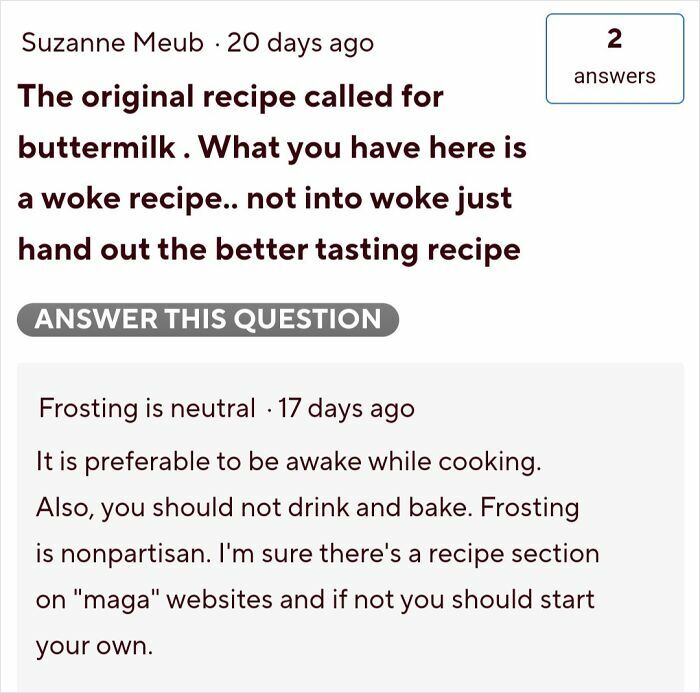 Comments from users sharing failed tries at following a recipe leading to unhinged and humorous reviews online.