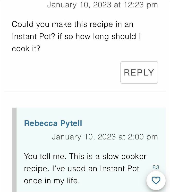 Screenshot of a failed recipe try showing a user asking about Instant Pot cooking time and a slow cooker reply.
