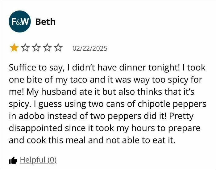 One-star recipe review about a failed spicy taco attempt with chipotle peppers causing disappointment.