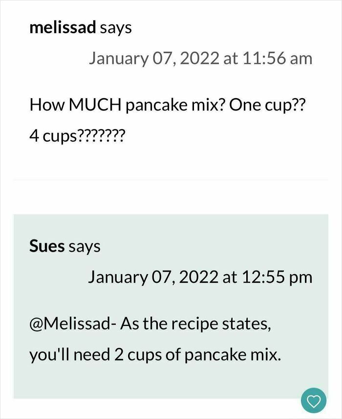 Comments discussing confusion over the correct amount of pancake mix in a recipe, part of failed tries at following a recipe.