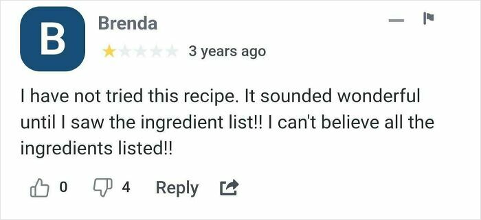 User review expressing disbelief at the long ingredient list in a failed recipe attempt with unhinged reviews.