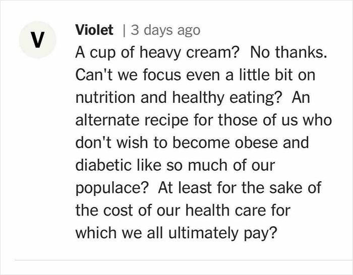 Comment criticizing heavy cream use in recipe, urging focus on nutrition and healthy eating instead.