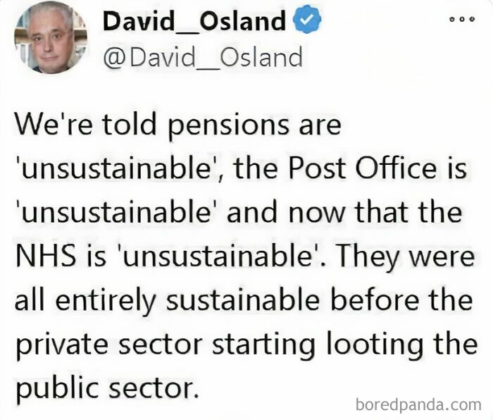 Tweet by David Osland about pensions, the Post Office, and the NHS being called unsustainable, reflecting public sector concerns.