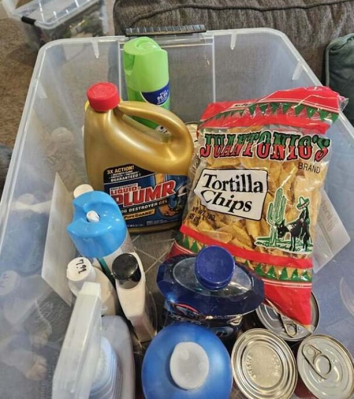 Plastic bin filled with food and cleaning supplies showing infuriating examples of men being men mistakes.
