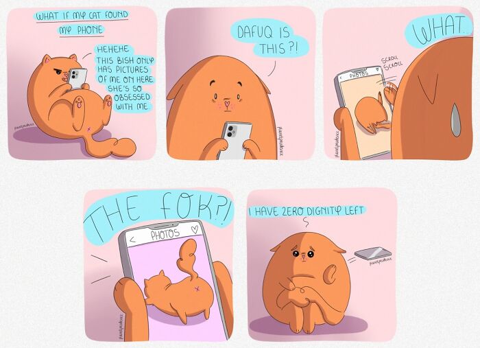 Comic panels from Planet Prudence showing a shy orange cat discovering embarrassing photos on a phone, portraying womanhood.