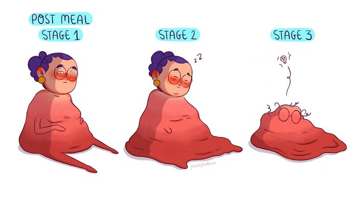 Cartoon showing three stages of post meal exhaustion, illustrating humor in comics about being a woman by Planet Prudence.