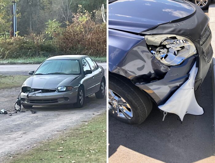 Two damaged cars parked outside showing examples of dumb drivers causing vehicle accidents.