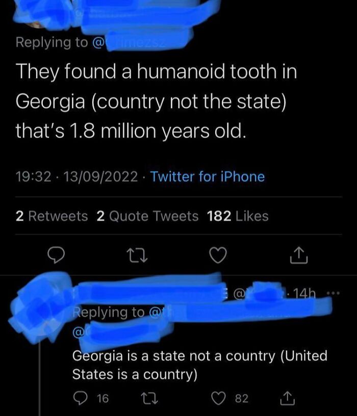 Twitter conversation showing confusion about geography, mixing up Georgia the country and Georgia the U.S. state in failed geography examples.