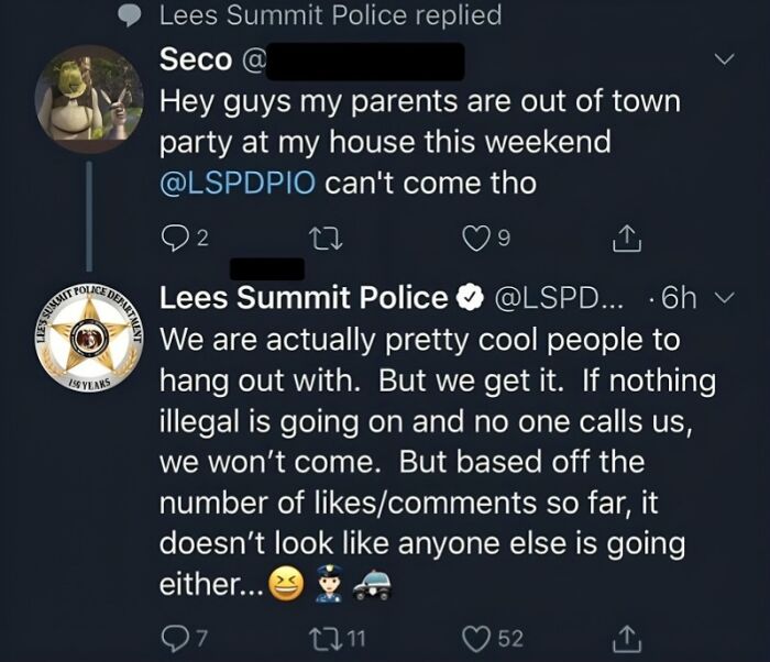 Lees Summit Police reply humorously to a social media post about a weekend party, showing unserious police social media accounts.