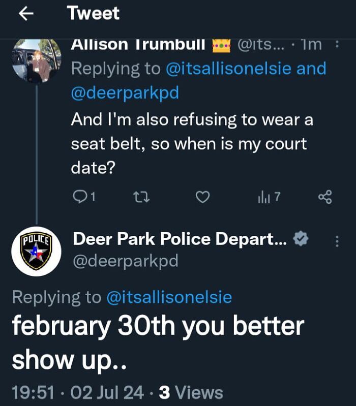 Screenshot of a humorous reply from a police social media account showing unserious banter with the public.