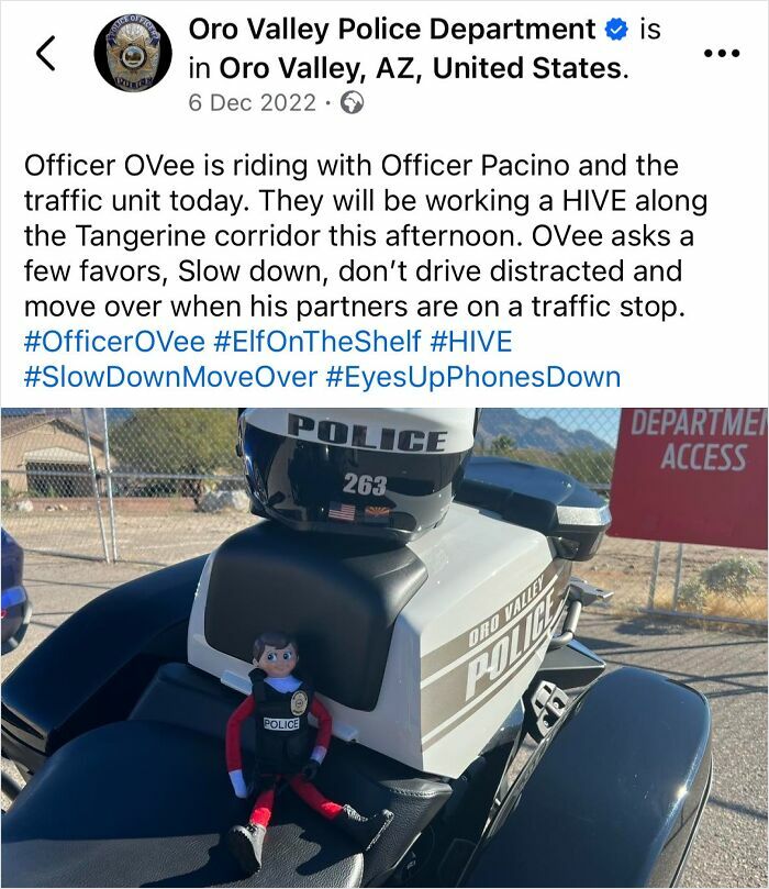 Oro Valley Police social media post shows an elf doll on police motorcycle promoting traffic safety humorously.