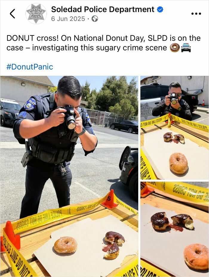 Police social media account showing officers humorously investigating a donut crime scene with crime tape and cameras.