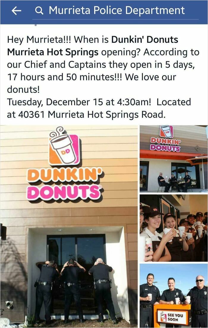 Murrieta Police humorously counting down to Dunkin Donuts opening in their social media post with officers and staff.