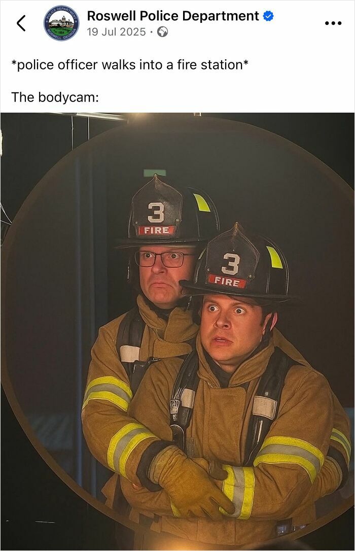 Two firefighters with wide eyes in gear featured on police social media accounts known for hilarious content and unserious posts.