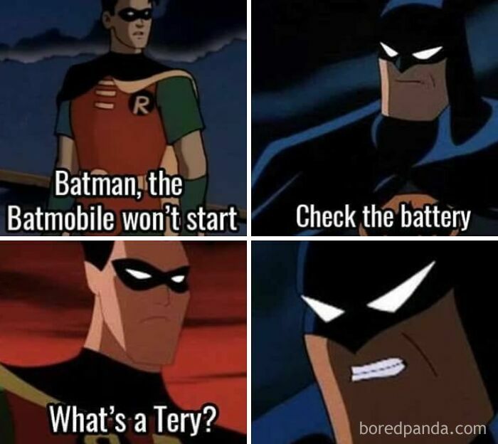 Batman and Robin meme explaining Batmobile issues, illustrating meme account humor for those who don’t get it.