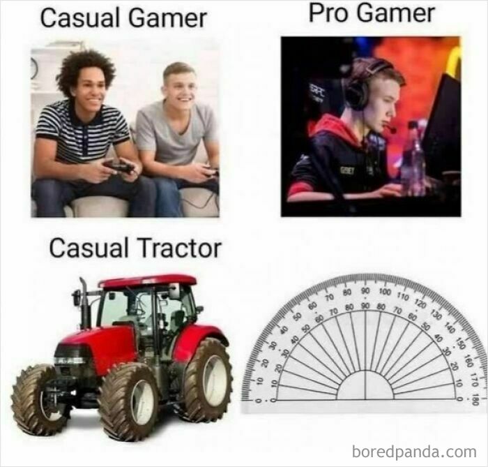 Comparison meme showing differences between casual gamer, pro gamer, casual tractor, and a protractor for meme account explanations.