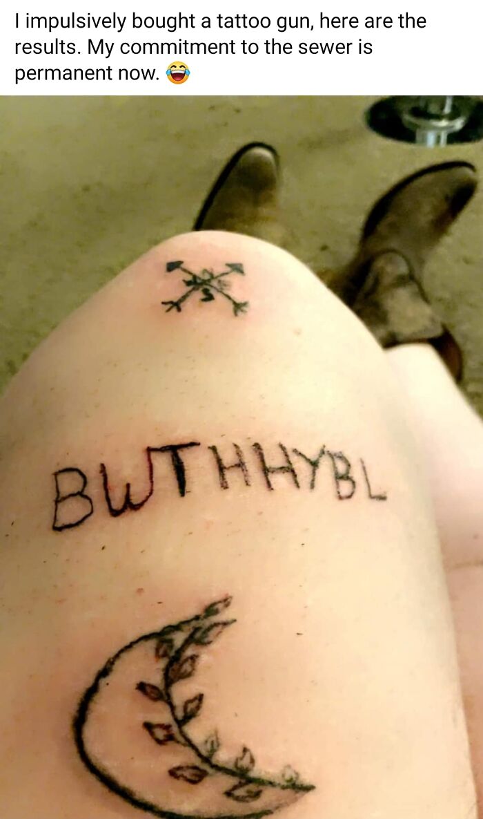 Tattoo on leg with poorly done letters and arrows, showcasing bad tattoos that prove thinking first is optional.