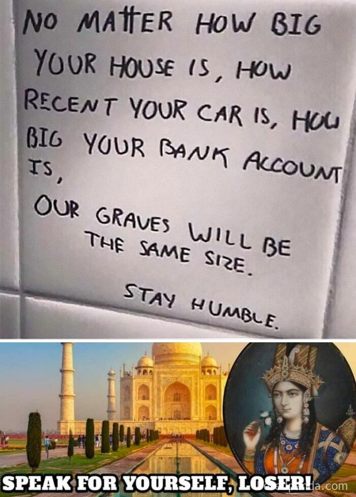 Handwritten note about humility above an image of the Taj Mahal with a sarcastic meme response explaining humor in memes.