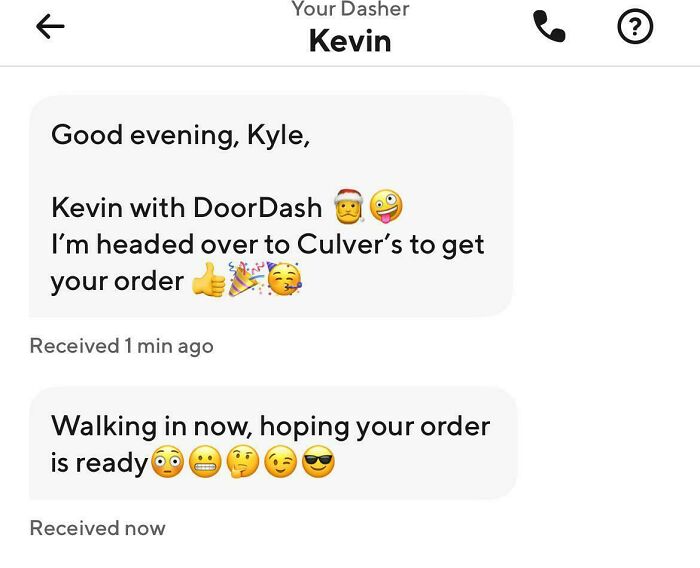 Screenshot of a funny and unhinged text from a delivery driver named Kevin updating about an order in a humorous way.