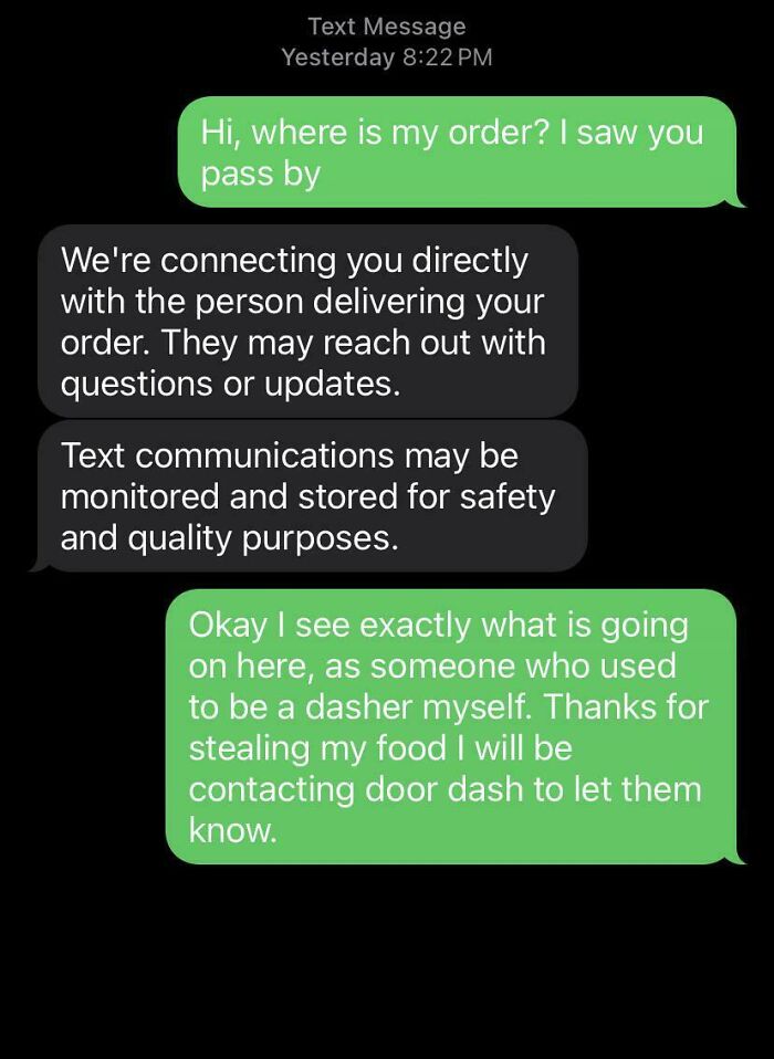 Text exchange showing a humorous Uber driver message about order delivery and food theft claims.