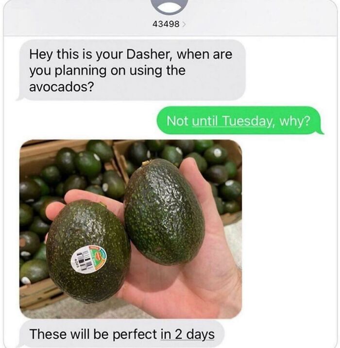 Text message conversation with a Dasher about avocados timing, showcasing one of the funniest texts from Uber drivers.