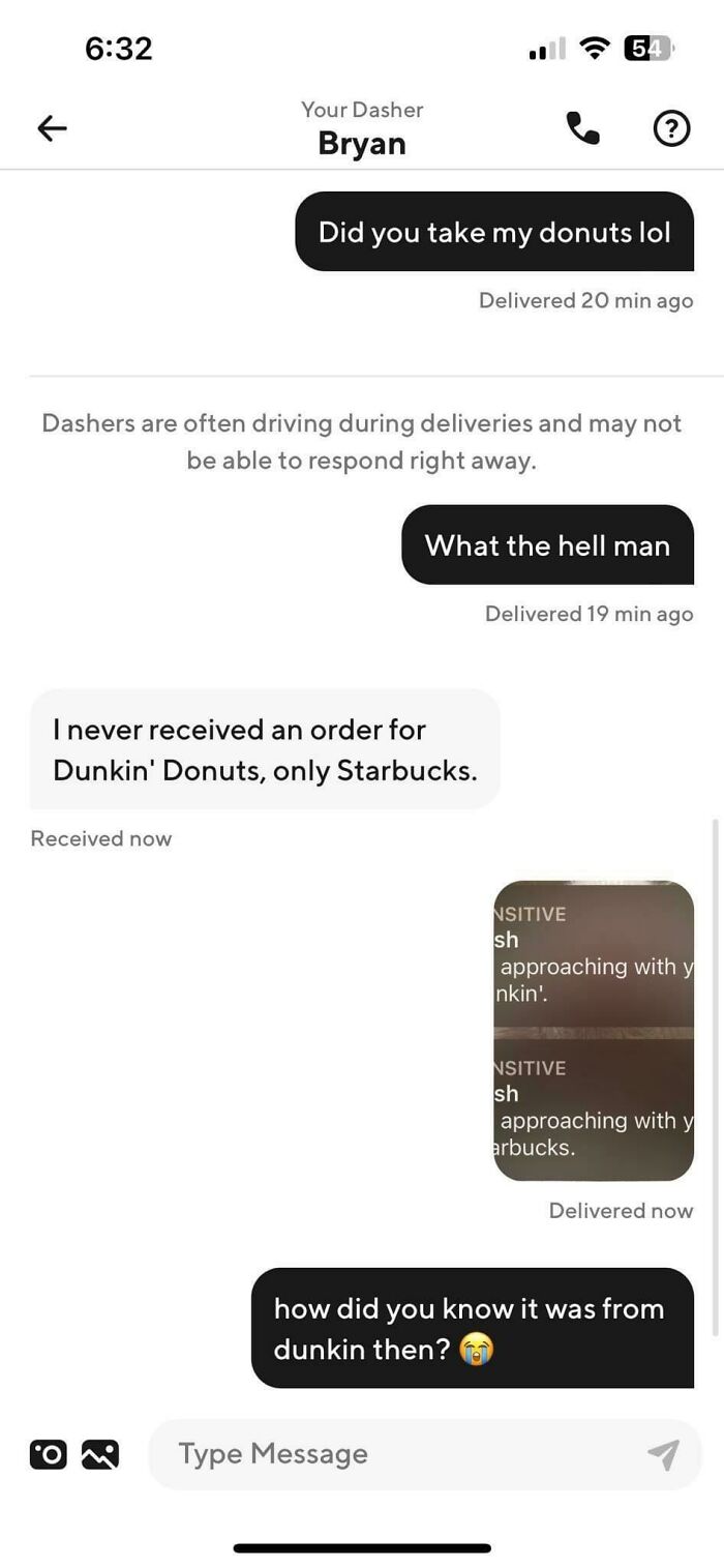 Text exchange between Uber driver and customer showing funny messages from Uber drivers during delivery.