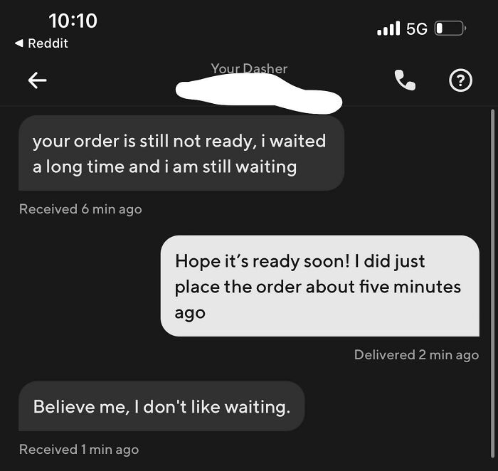 Text conversation between an Uber driver and customer about a delayed order, highlighting funny and unhinged Uber driver texts.