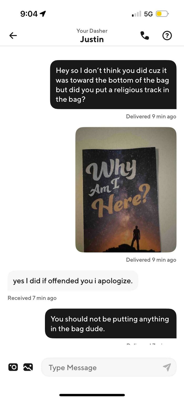 Text exchange between Uber driver and passenger discussing a religious track found in the bag from Uber drivers messages.