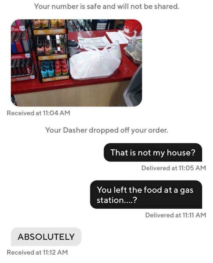 Text conversation showing a funny Uber Eats delivery left at a gas station instead of the customer's house.