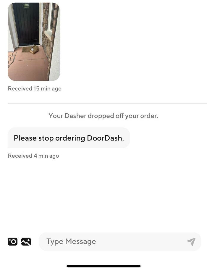 Screenshot of a funny and unhinged text message from a delivery driver asking to stop ordering DoorDash.