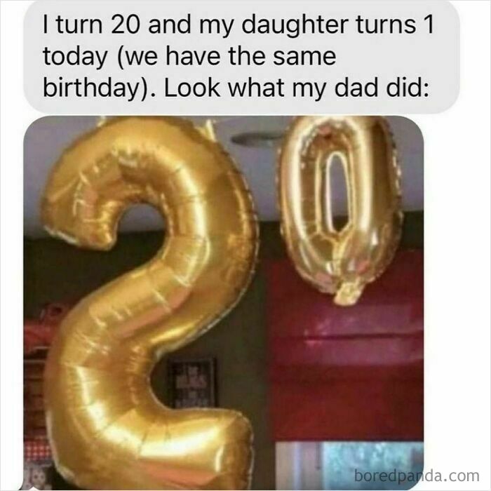 Text message about shared birthday with daughter turning 1, showing gold balloons forming number 20, meme account explains memes.