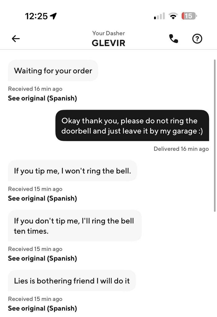 Chat messages between Uber driver and customer showing funny texts about ringing the doorbell and tipping.