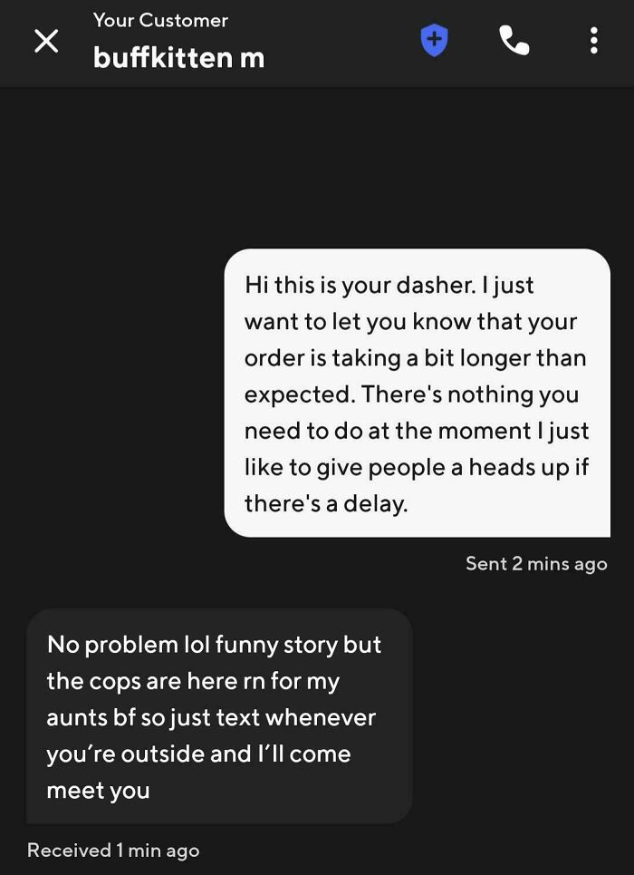 Text message exchange between Uber driver and customer with funny and unhinged messages about order delay and police presence.