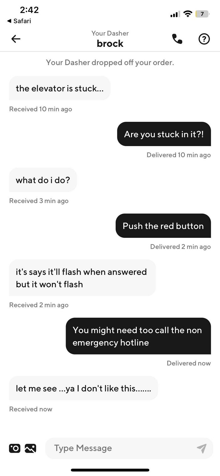 Text conversation showing funny and unhinged messages from an Uber driver stuck in an elevator asking for help.